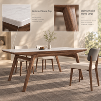 Table à manger rectangulaire moderne de style mid-century, plateau en pierre frittée, pieds en bois de frêne couleur noyer clair, table de cuisine pour la maison, meubles de villa