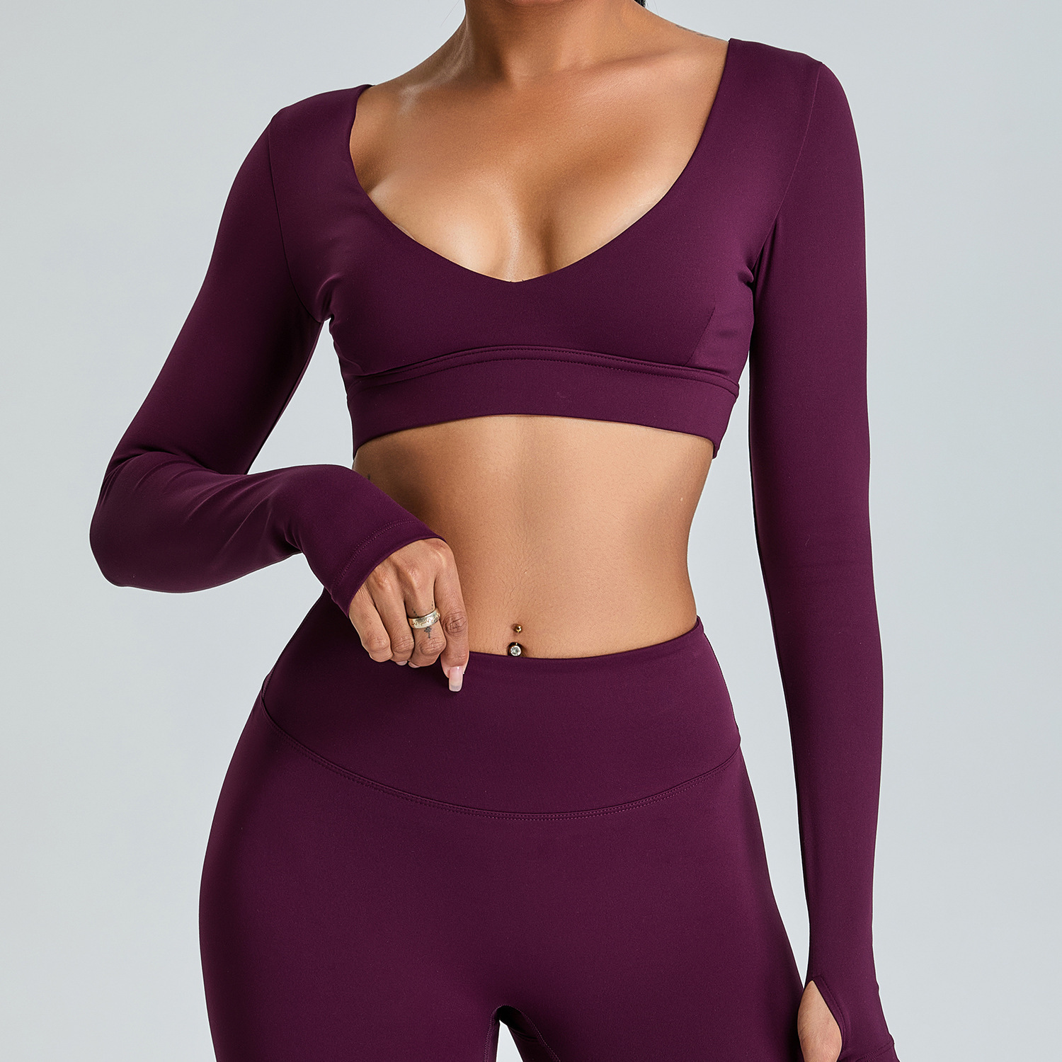 Women's Long Sleeve Yoga T-Shirt Stretchy Compression Lightweight Cropped V-Neck Plus Size Spandex Material for Adults