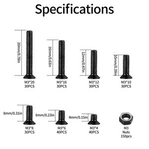 Kit de tornillos de máquina de cabeza plana M3 y tuercas hexagonales, 380 piezas, cabeza Phillips avellanada negra, acero al carbono métrico de grado A - Product Image 2