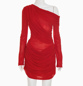 Vivibloook D25DS371 nuevos vestidos de mujer Sexy otoño nueva malla Slash hombro plisado manga larga Mini vestidos casuales para mujeres - Product Image 1