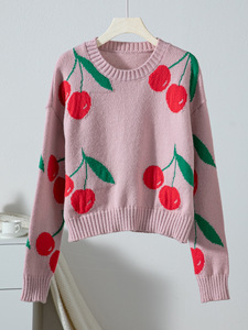 Pull-over col rond pour femme, collection automne-<span class=keywords><strong>hiver</strong></span>, jacquard <span class=keywords><strong>cerise</strong></span>, ample, manches longues, nouvelle collection, tricoté, <span class=keywords><strong>d</strong></span>écontracté, devant - Product Image 3