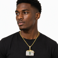 Collier pendentif sac à monnaie en laiton plaqué or 14K, serti de zircone cubique, motif signe dollar vert, style Hip Hop, vente en gros