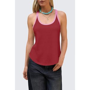 Camiseta sin mangas deportiva para mujer, espalda cruzada, roja con ribete rosa, transpirable, de punto, elastano y poliéster, para verano, ajuste holgado, bajo curvo - Product Image 2