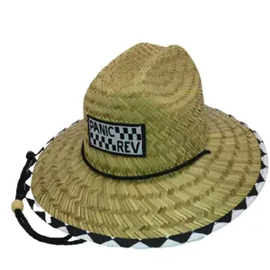 つばの広いつばの麦わら帽子の下のOEMカスタム織りパッチとプリント生地子供と男性のためのクールな夏の釣り麦わら帽子