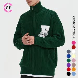 Custom Cotton Knitted Sweater Man Full Zip Embroidery Loose Cardigan Sweater Knitwear Men Streetwear Cable Cardigan