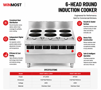 Cuisinière à induction commerciale Winmost Heavy Duty à 6 brûleurs en acier inoxydable certifiée ETL, contrôle de la zone double, équipement facile à nettoyer