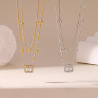 Kalung Liontin Rantai Bambu Minimalis Lapis Ganda Persegi Berhiaskan Zirkon Buatan Laboratorium Geometris Wanita, Bahan Titanium Steel, Cocok untuk Hadiah