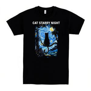 T-shirt Cat Starry Night con stampa artistica nera, taglia unisex per adulti - Product Image 2