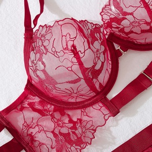 Ensemble de lingerie sexy Yicheng en dentelle brodée, soutien-gorge halter push-up, costume érotique, tenue intime féminine complète transparente - Product Image 6