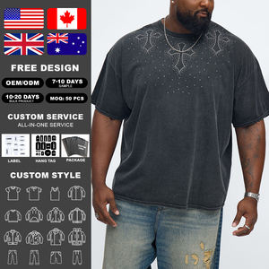 KingSen Men's 100% Cotton Rhinestone Cross Oversized T <b>Shirt</b> Dropped Shoulder Loose Fit Washed Casual Tee for Streetwear - Product Image 2