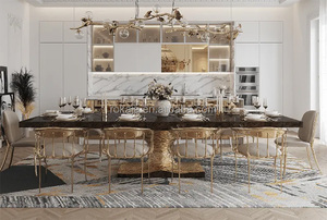 Cao Hàng Đầu Kích Thước Lớn Bàn Ăn Đặt Phòng Đánh Bóng Brass Cơ Sở <span class=keywords><strong>Dinning</strong></span> Bảng Biệt Thự Hoàng Gia Tiệc 10 12 Chỗ Ngồi Dài Bàn Ăn Tối - Product Image 4