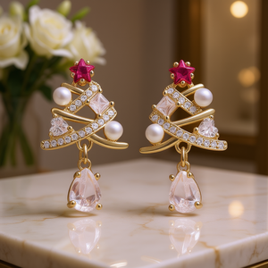 Pendientes colgantes de árbol de Navidad dorados con cristales de imitación y perlas para mujer, joyería de fiesta, bonito diseño de estrella - Product Image 2