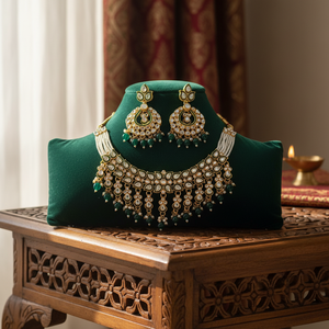 Gold Plated Kundan Stone and <b>Beads</b> Meenakari Necklace <b>Set</b> 10581333GR-Premium Fashion Jewelry - Product Image 3