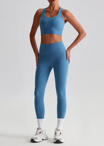 2 Piece Yoga Set Crisscross Back <b>Crop</b> <b>Top</b> High Waist Full Length Leggings Seamless Solid Color Spandex Polyester - Product Image 4