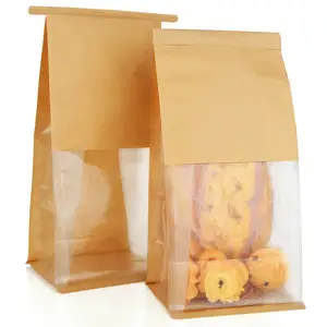 Custom Eco Friendly Kraft Paper Bread Bags for Loaf Pastry Cookies Candies Brown Bakery Packaging with Window