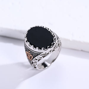 Anillo de Plata de Ley 925 para hombre con ónix negro Natural hecho a mano diseño de corona Vintage anillo de patrón personalizado chapado en rodio - Product Image 1