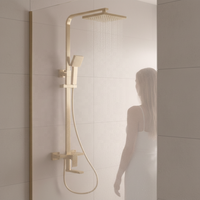 Ensemble de douche doré brossé avec barre coulissante, pommeau de douche carré 3 fonctions, fixation murale, douchette pluie et massage, corps en laiton, robinetterie pour appartement