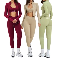 Ensemble de yoga 3 pièces couleur unie avec logo personnalisé, pantalon de compression élastique et soutien-gorge à fermeture éclair à maintien élevé pour l'entraînement physique