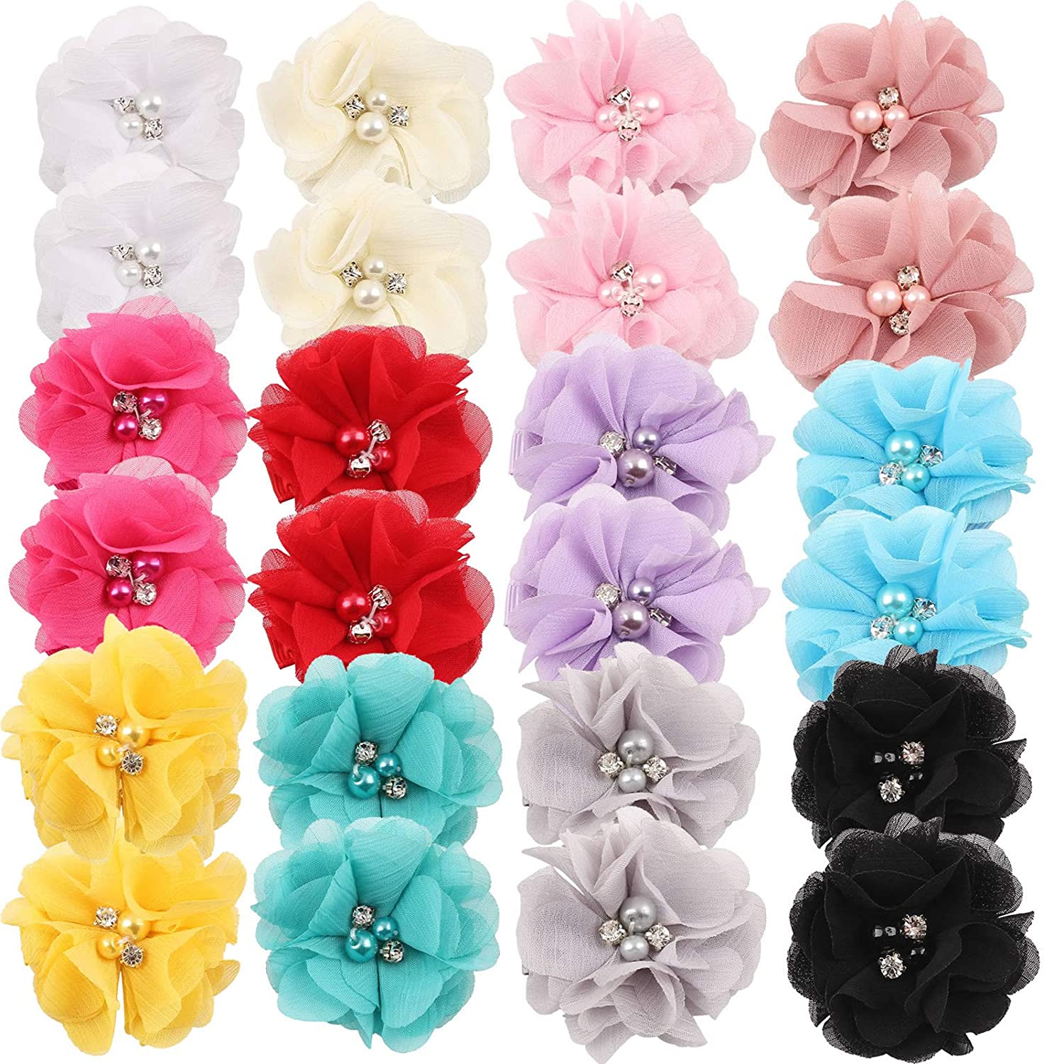 Okay wholesale 18 Colors Hair Clips Barrettes Chiffon Flower Bow with Rhinestone Pearl for Baby Girl Toddlers