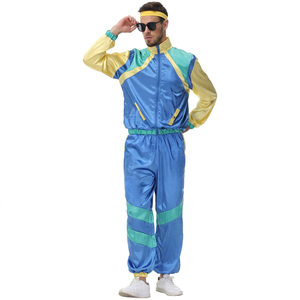 Ensemble de survêtement rétro imprimé color block années 80-90 pour femmes et hommes, tenue vintage coupe-vent, veste zippée à manches longues assortie - Product Image 1