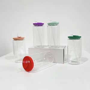 Ready to Ship Clear 16oz Sublimation clear Glass Can with Silicone Lid Elegant Shaped Drinking Frosted 16oz Glass <b>Cup</b> - Product Image 1