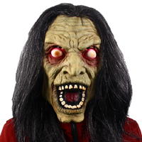Masque en latex de sorcière zombie aux yeux rouges brillants, longue perruque noire, masque intégral effrayant, costume de fête d'Halloween, cosplay, maison hantée