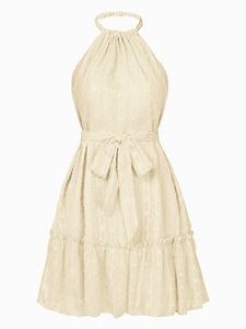 Robe midi <span class=keywords><strong>pour</strong></span> femme - Robe de plage à col halter avec bordure en dentelle et <span class=keywords><strong>ceinture</strong></span>, robe d'été décontractée - Product Image 6