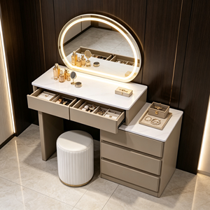 Modern Beige Makeup <b>Vanity</b> With Round LED Mirror Storage Cabinet And White Stool Bedroom Dressing <b>Table</b> - Product Image 5
