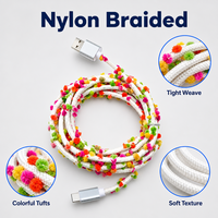 Kabel USB-C Togudu T-143 2A Pengisian Cepat, Kabel Charger Tipe-C Berbahan Katun Kepang Warna Pom-pom, Sinkronisasi Data 80Mbps, Aluminium Alloy Murni