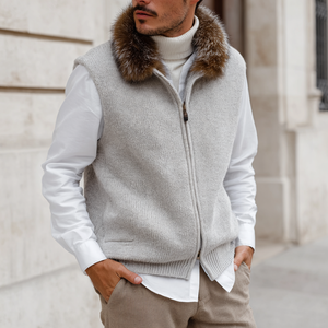 Wholesale Men's Woolen Tweed Knit Vest in <strong>Navy</strong> Marl V-neck Sleeveless Cardigan <strong>Gilet</strong> for Casual Autumn Outerwear - Product Image 1