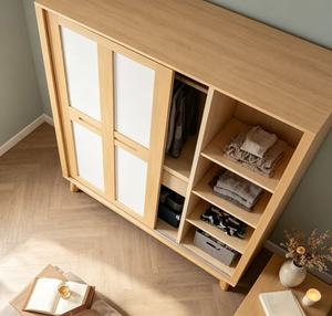 Armoire scandinave moderne en bois avec portes coulissantes et étagères ouvertes, meuble de rangement autoportant pour chambre à coucher - Product Image 4