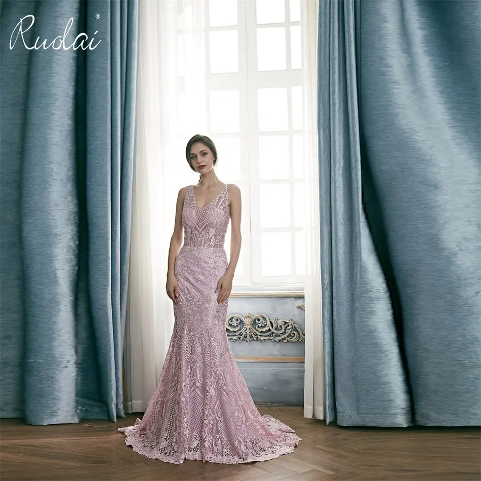 Ruolai LWC6682 Elegant Light Purple Lace Appliqued Detachable Trailing Mermaid Bridal Gowns Evening Dresses