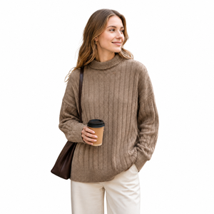 Robe midi minimaliste en maille torsadée verticale, couleur unie café abricot, col montant roulé, manches longues, respirante, épaisseur standard - Product Image 1