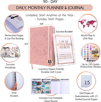 Planificateur non daté A5 avec couverture en cuir, journal quotidien de soins personnels, journal de manifestation, planificateur de 90 jours, journal guidé d'affirmation et de gratitude