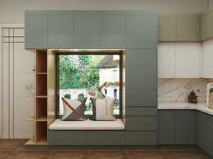 Armoires de cuisine modernes sur mesure sur le thème de la forêt, îlots de cuisine avec carcasse en panneau mélaminé pour usage domestique, y compris dosseret - Product Image 2