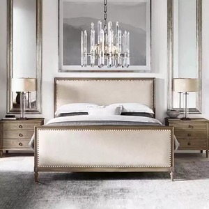 Vintage French Upholstered Panel <b>Bed</b> Solid Oak <b>Frame</b> Nailhead Trim Farmhouse Bedroom <b>Bed</b> Multiple Size Available - Product Image 3