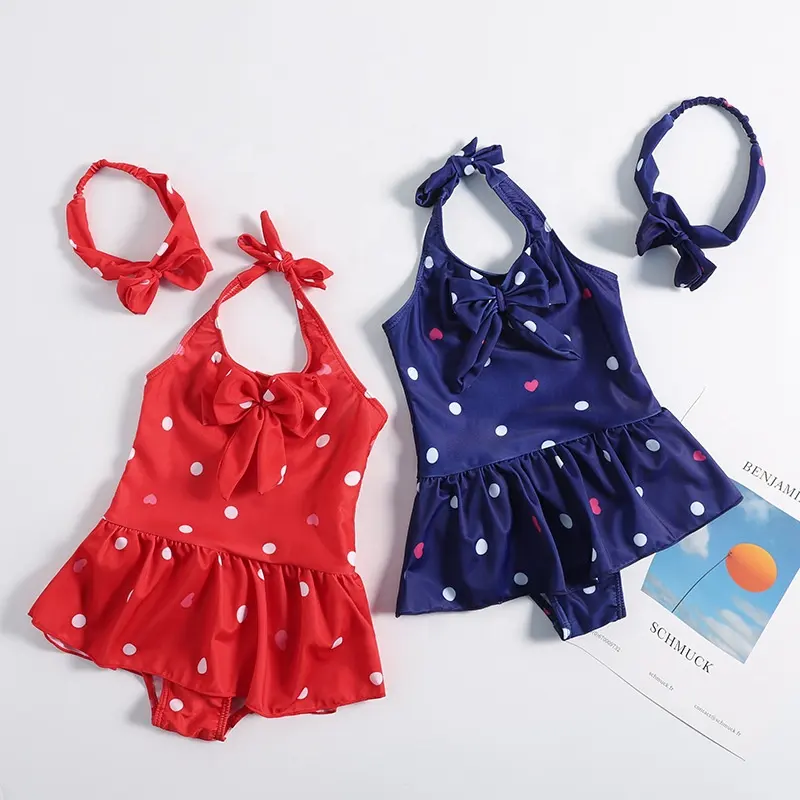 2022 Summer Cute Infant Kids Badeanzug Polka Dots Print Design Kinder Beach Wear Neck holder Einteilige Bade bekleidung für kleine Mädchen