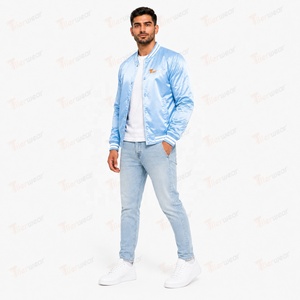 Chaqueta Varsity de Satén Azul Claro para Hombre, Chaqueta Varsity de Béisbol de Satén, Bordada, Cierre de un Solo Botón, Deportiva, Otoñal - Product Image 2