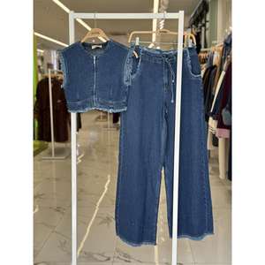 Conjunto de Mezclilla Sobe, Top Corto sin Mangas con Dobladillo Deshilachado, Pantalones de Mezclilla de Moda 100% Algodón para Mujer, Conjunto Combinado 10225 - Product Image 2