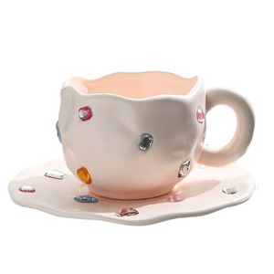 Tasse à eau en céramique peinte à la main, tasse à café avec soucoupe, tasse à eau colorée - Product Image 1