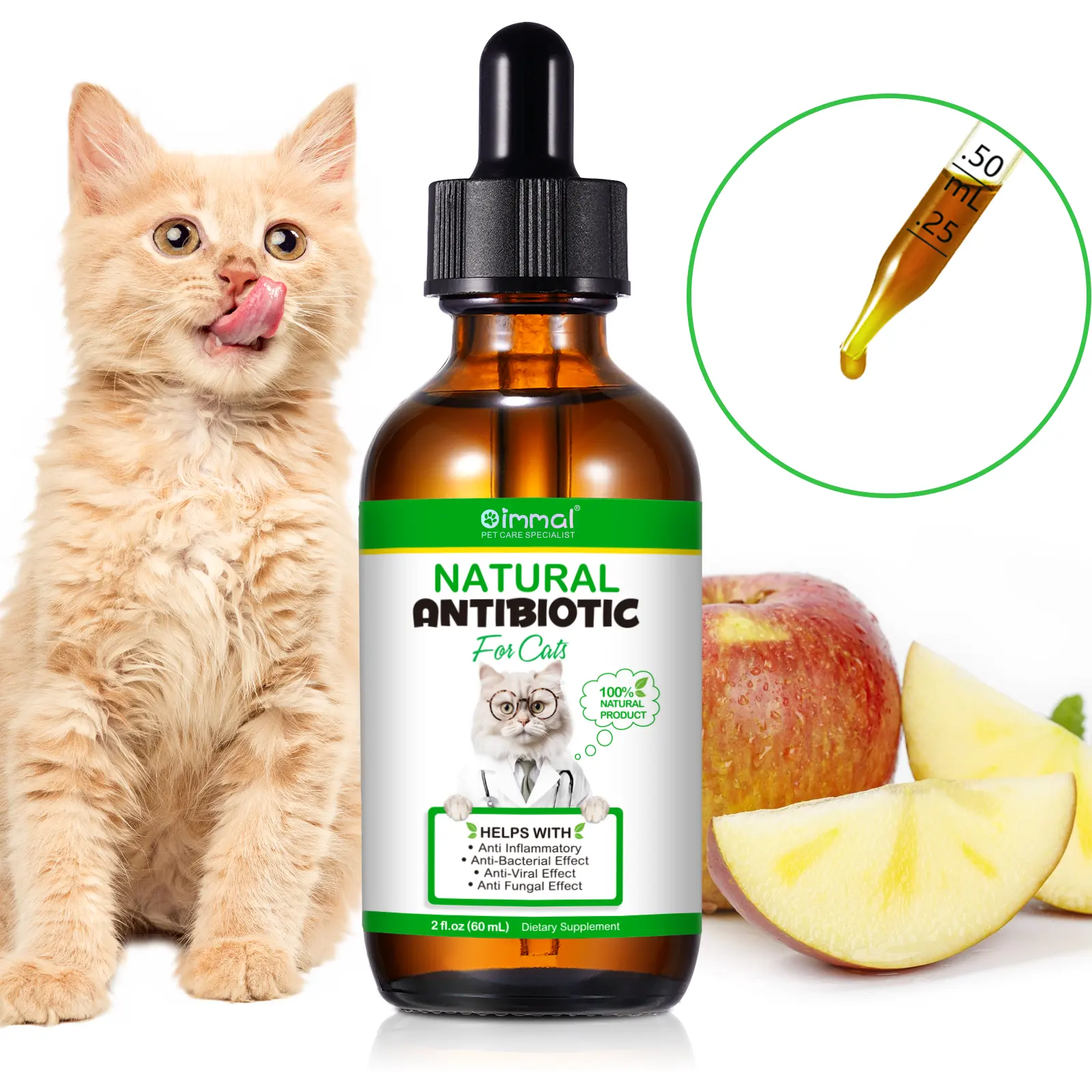 Oimmal 60ml Antibióticos naturales para gatos Gotas antibacterianas e inflamatorias Anti Viral Anti Hongos Suplementos líquidos para gatos