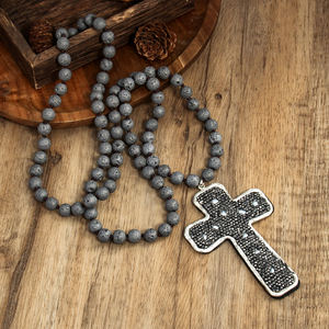 <span class=keywords><strong>Collana</strong></span> annodata in pietra vulcanica etnica Vintage <span class=keywords><strong>collana</strong></span> con strass di perle grigie con ciondolo a croce - Product Image 2
