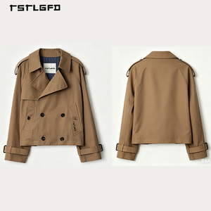 Chaqueta Gabardina Corta para Hombre, Estilo Gabardina, Cuello Alto, Doble Botonadura, con Epaulettes y Forro a Rayas en Contraste - Product Image 5