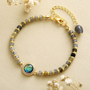 Natural Stone Labradorite Beaded <b>Bracelet</b> With Abalone Shell Inlay <b>Adjustable</b> Unisex Jewelry Gift - Product Image 1