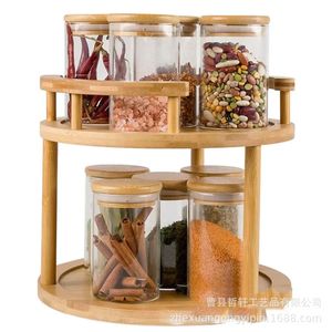 Estante giratorio de bambú de doble capa para especias con tapa de madera, organizador hermético de cocina para especias y cosméticos, tamaño L - Product Image 2