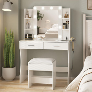 Meja rias Modern dengan lampu cermin 2 laci besar meja rias kayu dengan pencahayaan yang dapat diatur untuk kamar tidur - Product Image 1