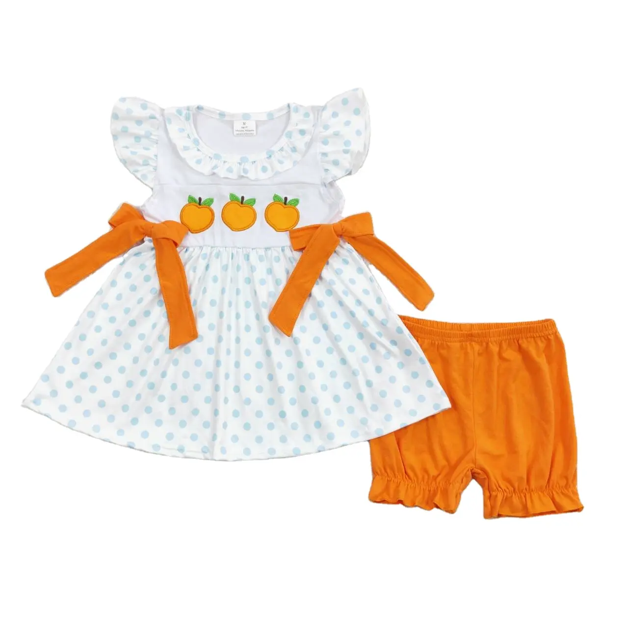 Groothandel Westerse Boetiek Baby Meisjes Kleding Geborduurde Oranje Strik Blauw Polka Dot Oranje Witte Korte Mouw Shorts Set