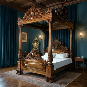 Luxury Hand Carved Solid Wood Four <b>Poster</b> Bed Antique Style Royal Palace Bedroom Furniture Bed <b>Frame</b> - Product Image 3