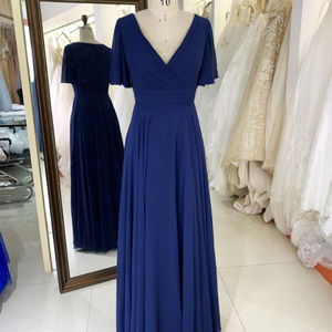 Robe de mariée ou de demoiselle d'honneur en mousseline de soie <span class=keywords><strong>bleu</strong></span> <span class=keywords><strong>marine</strong></span>, taille plus, manches courtes, coupe trapèze, plissée à la main - Product Image 1
