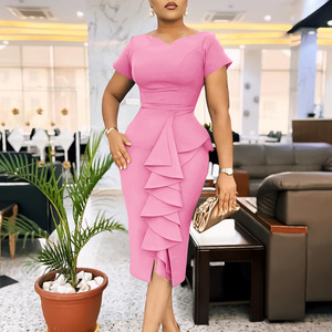 Nouvelle robe africaine pour femmes à manches courtes, couleur unie, moulante, à volants, taille haute, tendance - Product Image 1